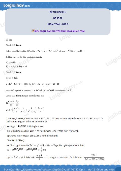 Đề số 12 - Đề kiểm tra học kì 1 - Toán 8